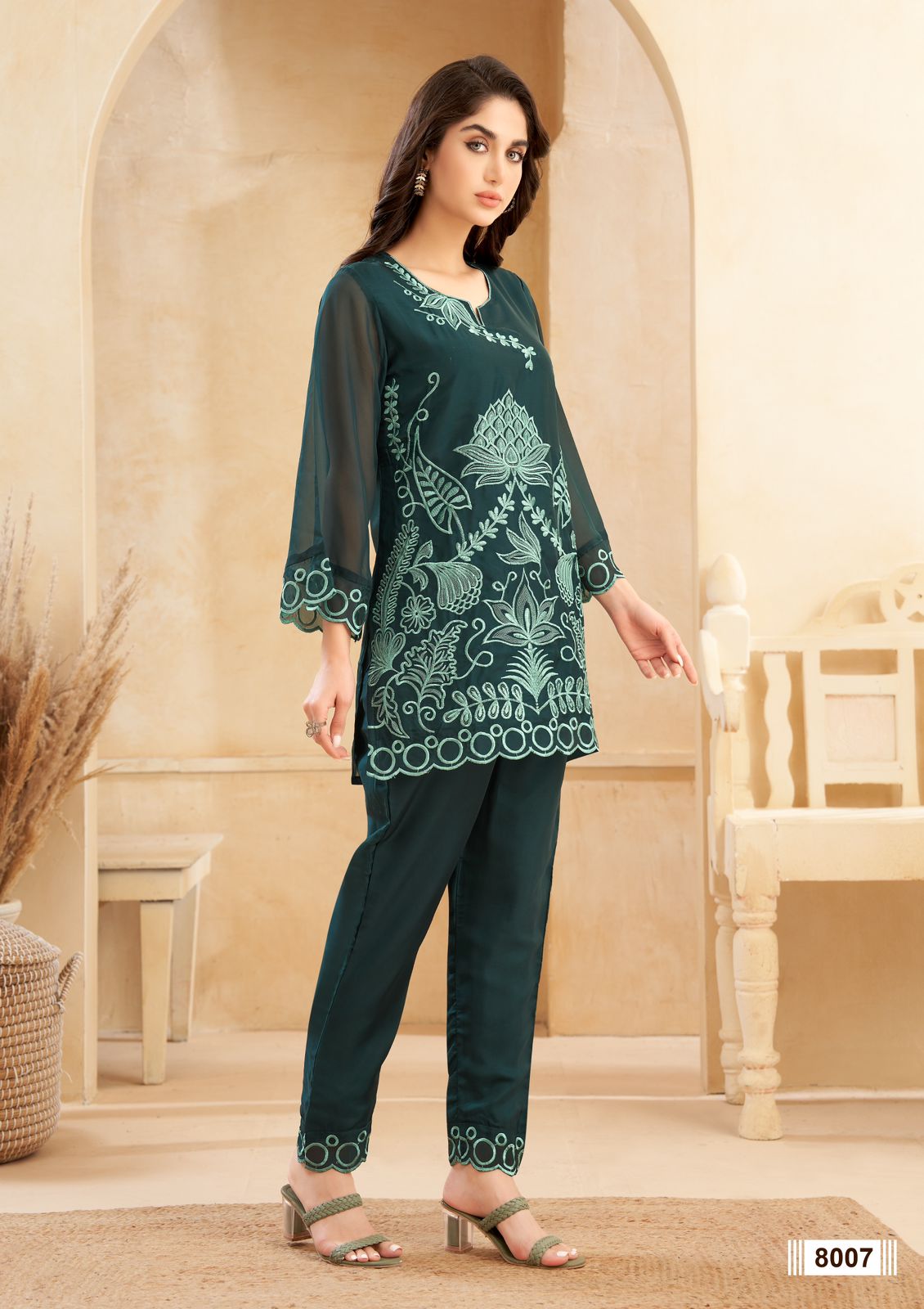 8007 Four Roses Embroidery Organza Designer Kurti With Bottom Wholesale Market
